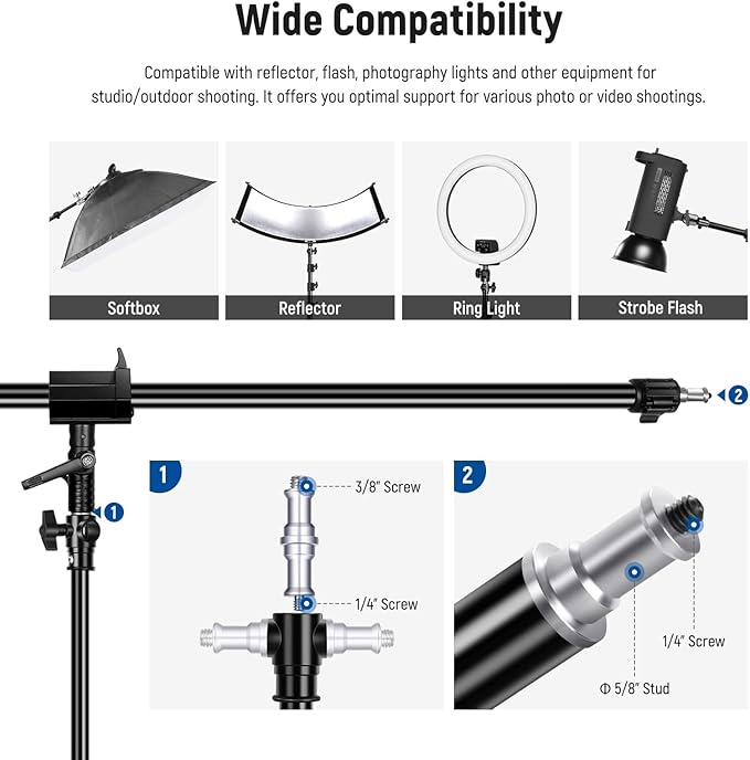 NEEWER Air Cushioned Aluminum Light Stand, 9.8ft/3m Adjustable Photography Stand with Boom Arm, Counterweight, Sandbag, 1/4" Screw for Softbox, Studio Flash, Umbrella, Ring Light, Max Load 5kg