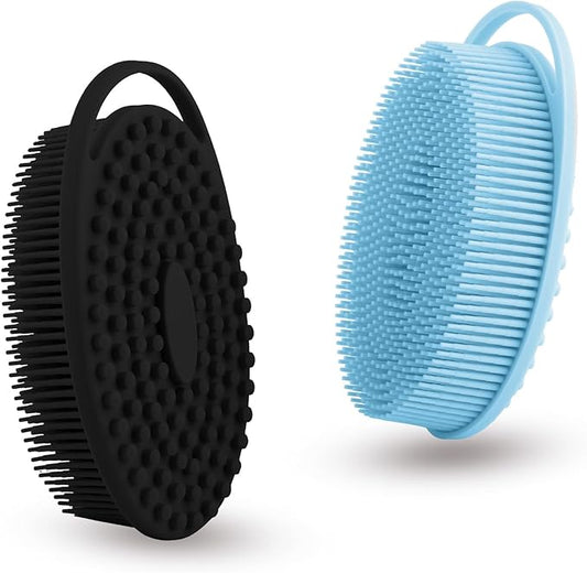 2 Pack Silicone Body Scrubber with Loofah Exfoliating Soft Body Shower Scrubber for Body, 2 in 1 Bath and Shampoo Wash Brush for Skin Exfoliation Men Women (Black&Blue)