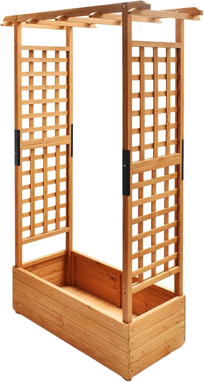 Raised Garden Bed Wooden Patio Planter with Trellis Outdoor Climbing Cucumber Box Pots Tomato Flower Vegetable Herb Porch, Tall Hanging Roof, Orange, 42.5" L x 17.3" W x 66.1" H