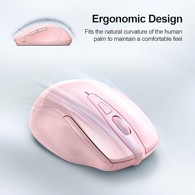 TECKNET Wireless Mouse (2.4G & BT5.0/3.0) Silent 4800 DPI Computer USB A & Bluetooth Mouse 6 Buttons, Wide Compatibility - Pink