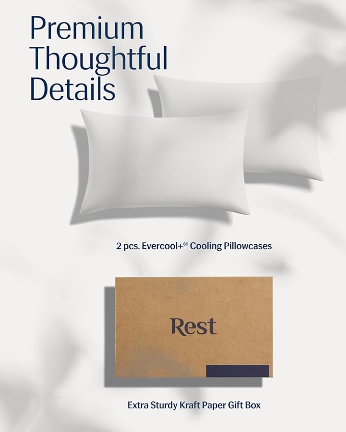 REST® Evercool®+ Cooling Pillowcases King - 2 Pillowcases for Sensitive Skin, Silver Infused Fabric for Hygienic Sleep, Silky Smooth for Curly Hair, High Elastic for Snug Fit (19x35 inches)