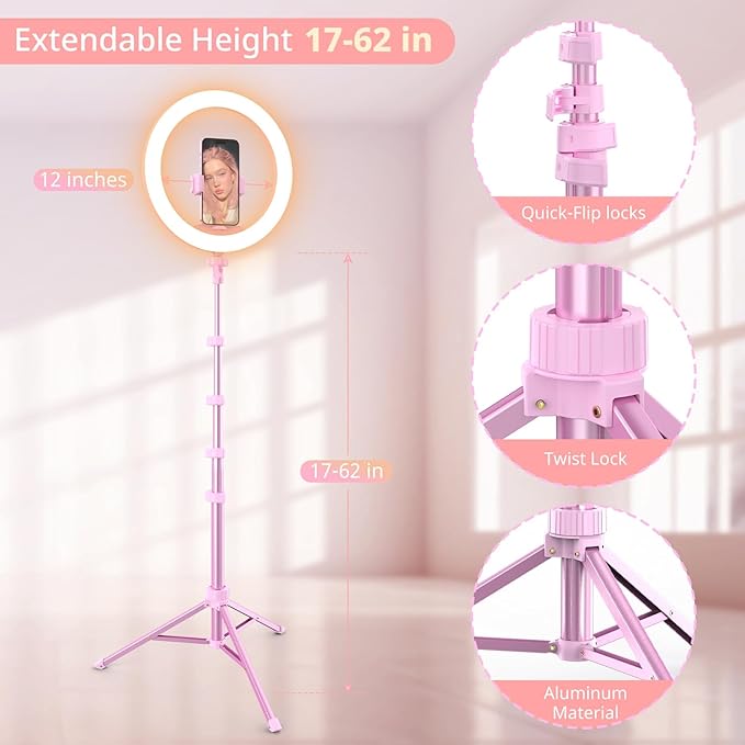 UBeesize 12” Selfie Ring Light with 62” Extendable Tripod Stand & Remote, LED Light with Phone Holder for Video Recording/Makeup/Content Creator (YouTube/TikTok/Twitch), Phone, Camera & Webcam (Pink)