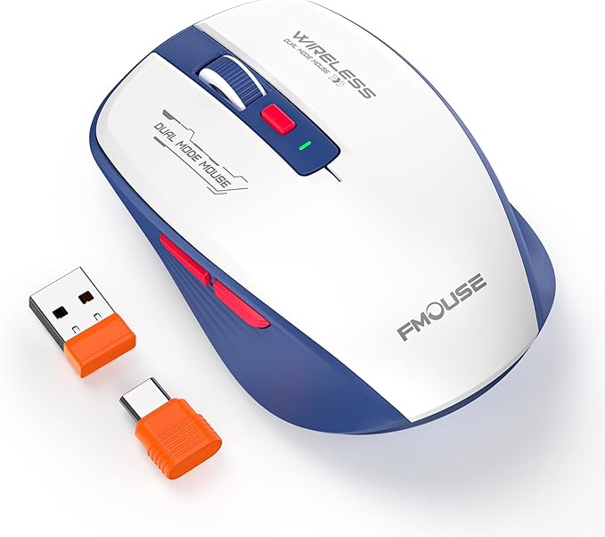 Bluetooth Mouse, Bluetooth 5.1 + 2.4GHz USB + USB-C Dongle, Wireless Mouse Tri-Mode, with Forward/Backward Side Keys, Silent Click, Side Buttons, Portable for Laptop, Mac, iPad (Blue White)