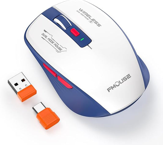 Bluetooth Mouse, Bluetooth 5.1 + 2.4GHz USB + USB-C Dongle, Wireless Mouse Tri-Mode, with Forward/Backward Side Keys, Silent Click, Side Buttons, Portable for Laptop, Mac, iPad (Blue White)