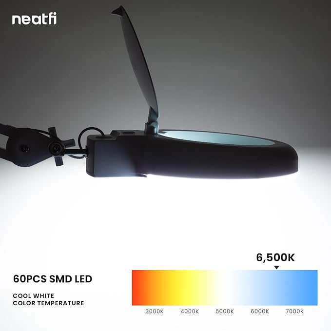 (New Model) Neatfi LED Magnifying Lamp with Clamp, 12W, 60 SMD LEDs, Adjustable Step Dimming Brightness, Desk Lamp Magnifier Light for Crafts, Painting, and Hobbies (White, 5-Diopter)