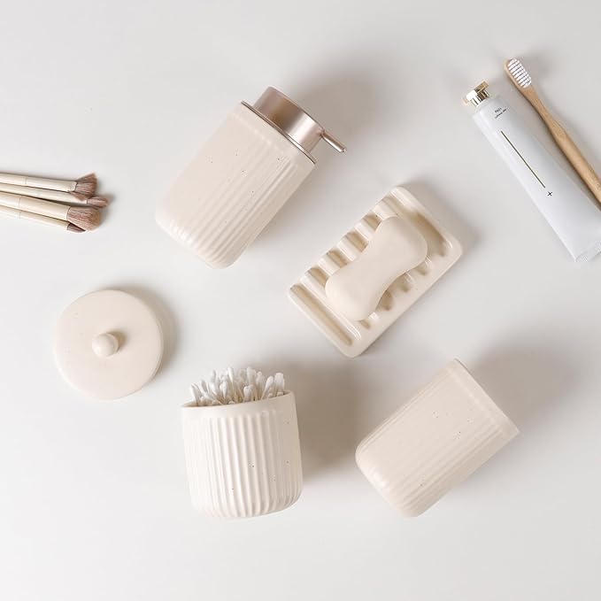 BosilunLife Bathroom Accessories Set - Ceramic Bathroom Set Bathroom Decor Sets Bathroom Counter Foam Soap Dispenser and Toothbrush Holder Set, Soap Dish, Apothecary Jar (Striped Apricot)