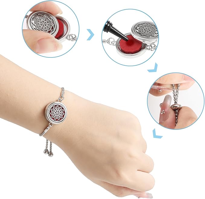 Essential Oil Diffuser Bracelet Aromatherapy Locket Adjustable Bracelet Stainless Steel Bracelet with 10 Pcs Refill Pads for Women Girls