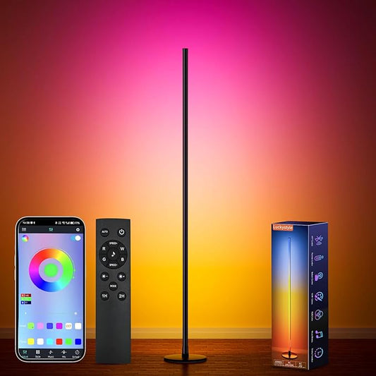 luckystyle Smart RGB Corner Floor Lamp,Bright LED Tall Modern Floor Lamp with APP and Remote,Ambient Lighting Color Changing Standing Lamps with Music Mode and Timing for Living Room,Bedroom,Party