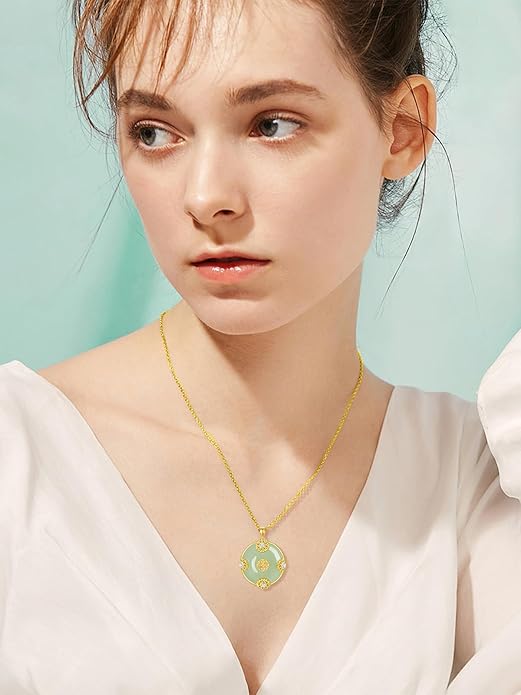 Jade Lotus Necklace for Women 14k Gold Plated Sterling Silver Good Fortune Jade Jewelry Birthday Christmas Gifts for Women Mom Wife