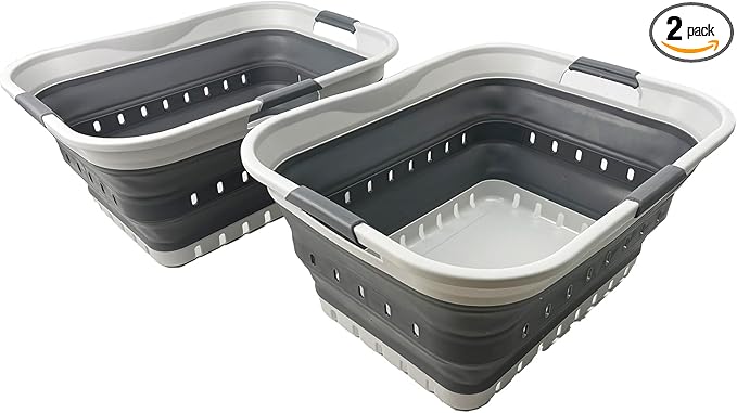 SAMMART 42L (11 gallon) Collapsible Plastic Laundry Basket - Foldable Pop Up Storage Container/Organizer - Portable Basket - Space Saving Hamper/Basket (2, Grey/Steel Grey)