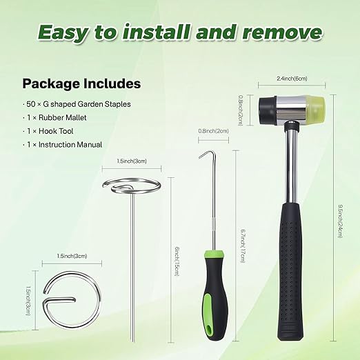 50pcs Landscape Fabric Staples 6 Inch, Galvanized Circle Top Landscape Pins Landscape Fabric Staples Garden Stakes Staples with Pick Hook Mallet for Weed Barrier Tent Stakes Outdoor Decor