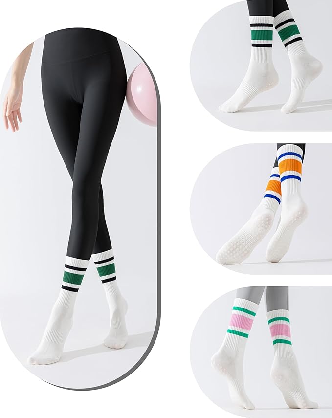 Yawlsow 3 Pairs Pilates Grip Socks for Women Yoga Grippy Striped Retro Crew Socks Non Slip Sticky Barre Sock with Grippers