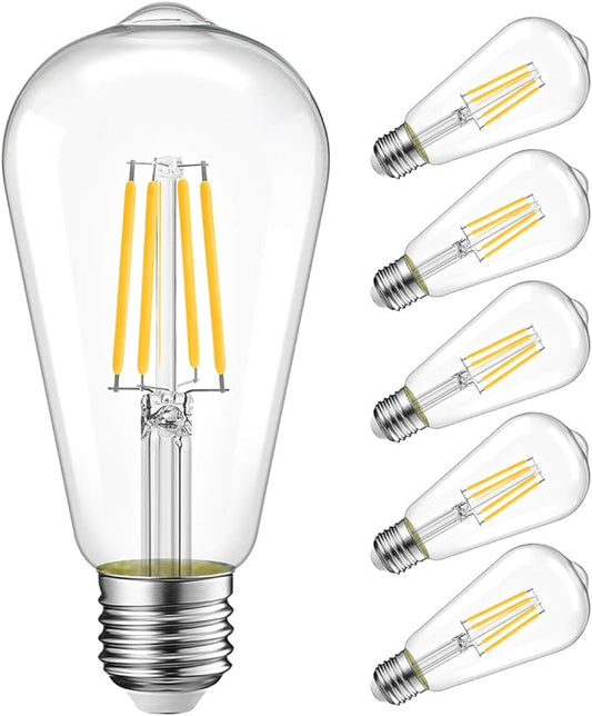 LVWIT 6 Pack Vintage LED Edison Bulbs 75W Equivalent 11W 1100LM Dimmable ST64 Filament 2700K Warm White E26 Medium Base Light Bulbs High Brightness Clear Glass