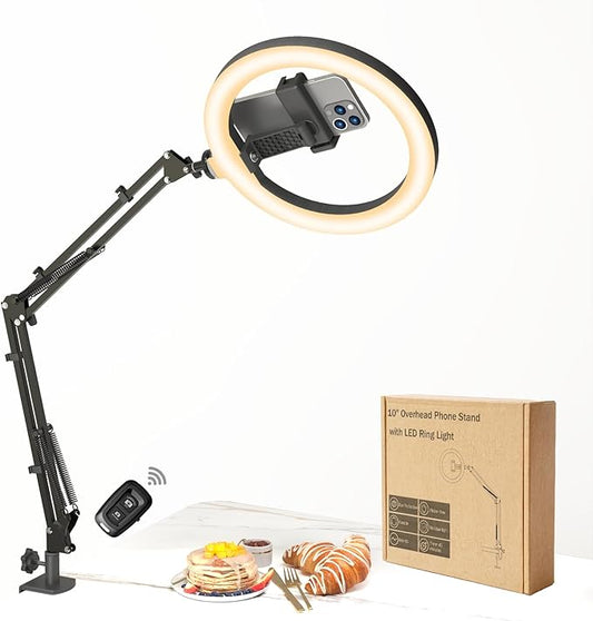 10" LED Ring Light with Overhead Phone Stand, CRI≥95 1200lm Dimmable Lighting, Adjustable Metal Arm with Remote & Phone Holder, for Streaming, Makeup, Zoom Calls, Photography