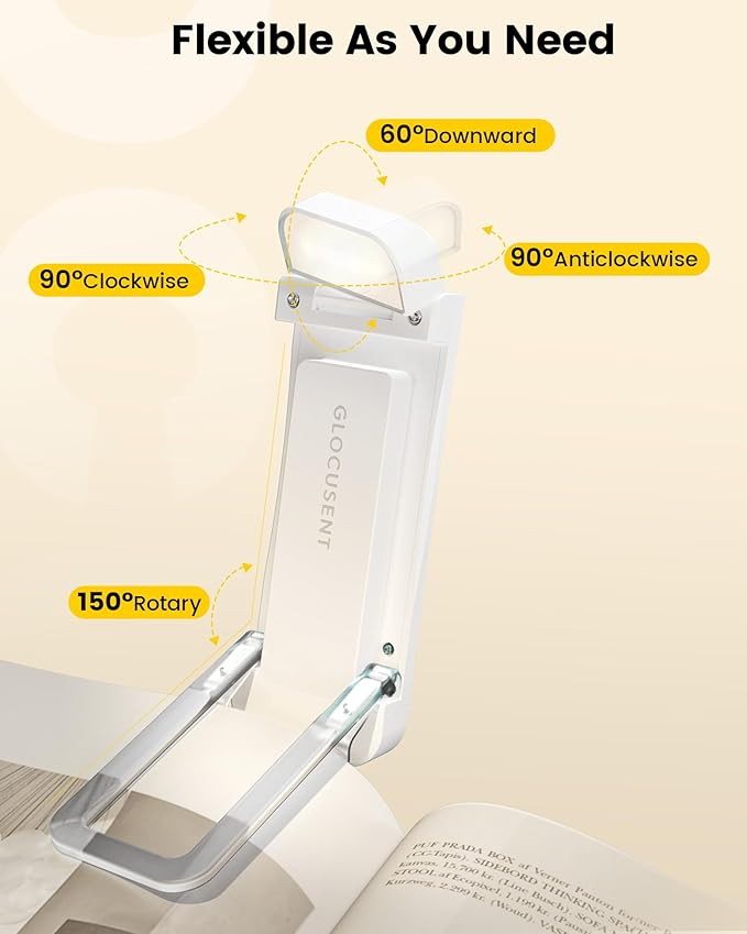 Glocusent Rechargeable Book Light, 1000 mAh Battery for 160 Hrs, 3 Amber Colors & Stepless Dimming Reading Light - Clip on Book Light for Reading in Bed, Ideal for Book Lovers Kids