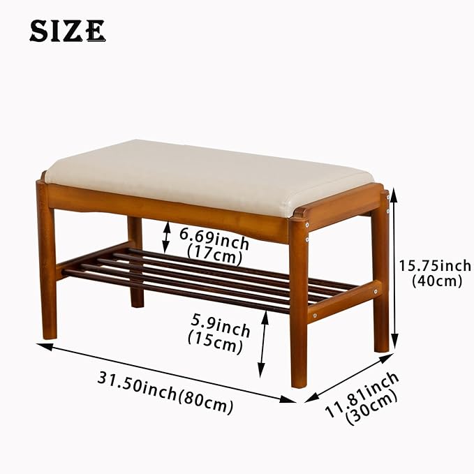 latifolia Small Shoe Bench, Solid Wood Bench with Cushion, 2 Tier Shoe Storage Organizer for Entryway(Walnut,31.50''L)