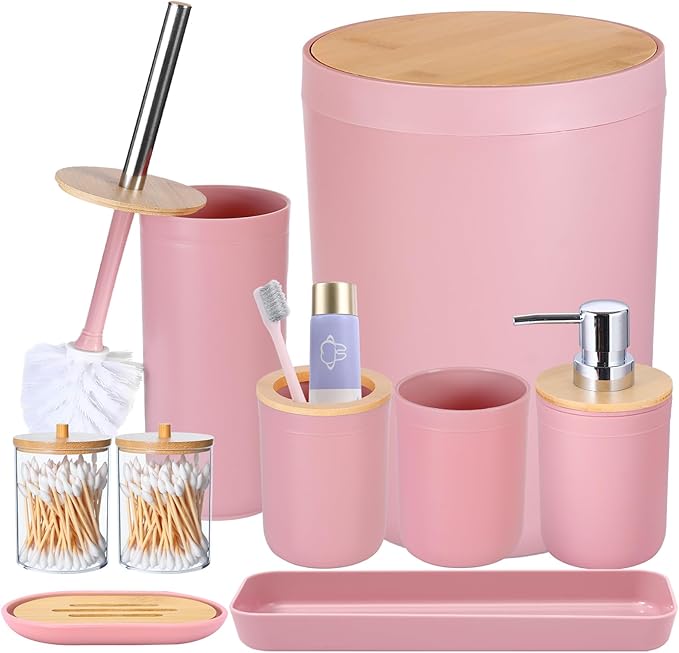 iMucci 9Pcs Pink Bathroom Accessories Set - with Trash Can,Toilet Brush,Toothbrush Holder, Lotion Soap Dispenser, Soap Dish,Toothbrush Cup,Qtip Holder,Tray