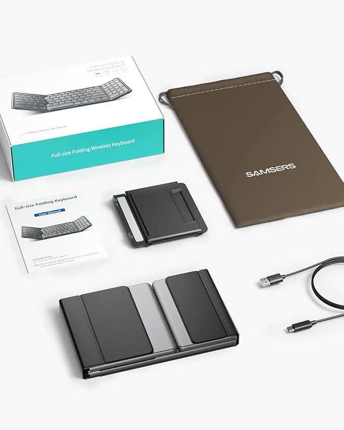 Samsers Foldable Bluetooth Keyboard with Numeric Keypad, Full-Size Wireless Folding PU Leather, Portable Travel for iOS Android Windows Mac OS, Support 3 Device(BT5.1 x 3)