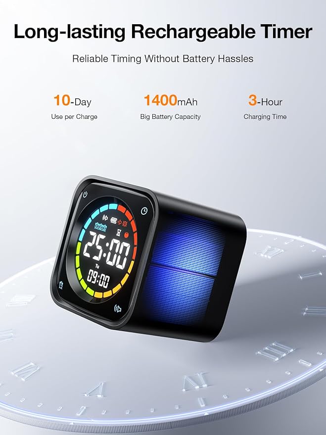 TK3 Pomodoro Timer Cube, Desk Productivity Timer with 5/10/30/60 Min Presets, Custom Countdown, Stopwatch, Clock, 3 Alarm, Silent, Vibrate & Sound Alert, for Task, ADHD, Study, Kitchen, Black