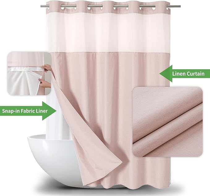 Long No Hooks Needed Linen Textured Shower Curtain with Snap-in Fabric Liner Set,Blush Hotel Luxury Decor Shower Curtains for Bathroom,Waterproof & Washable,71Wx80H