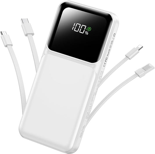 Portable Charger with Built in Cable - Power Bank Fast Charging USB C LED Display 10000mah Battery Pack 5 Outputs & 3 Inputs for Travel Essentials iPhone Samsung Android Phones Tablets White