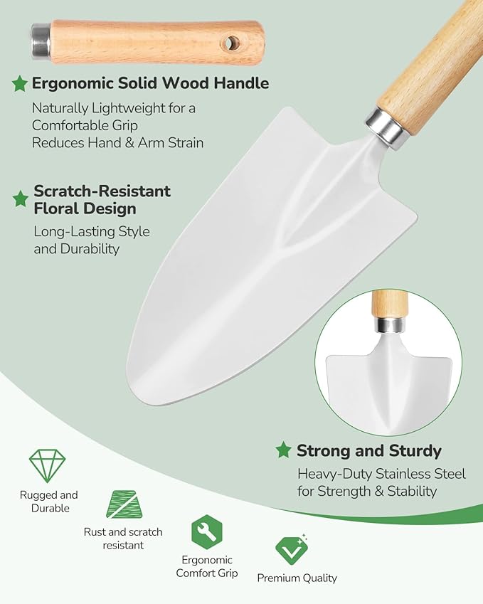 Gardening Tools, 10-Piece Gardening Gift Set for Women, Rust-Proof & Heavy-Duty Tools with Floral Organizer Bag, Fashionable & Thoughtful Gift for Garden Women (Pink White)