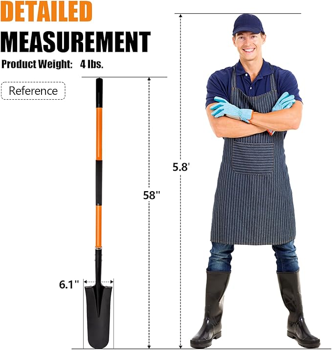 Heavy Duty Shovel with Fiberglass Handle for Digging and Gardening, Metal, 58 Inches