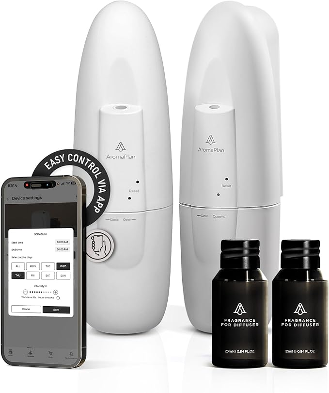 AromaPlan Authentic 2025 Upgraded Plug in Waterless Diffuser (2 Fragrances Included)-Cold Air & Nanotechnology Diffusers for Home & Office- Silent Wall Diffuser Plug in (2 Devices +2 Scents)