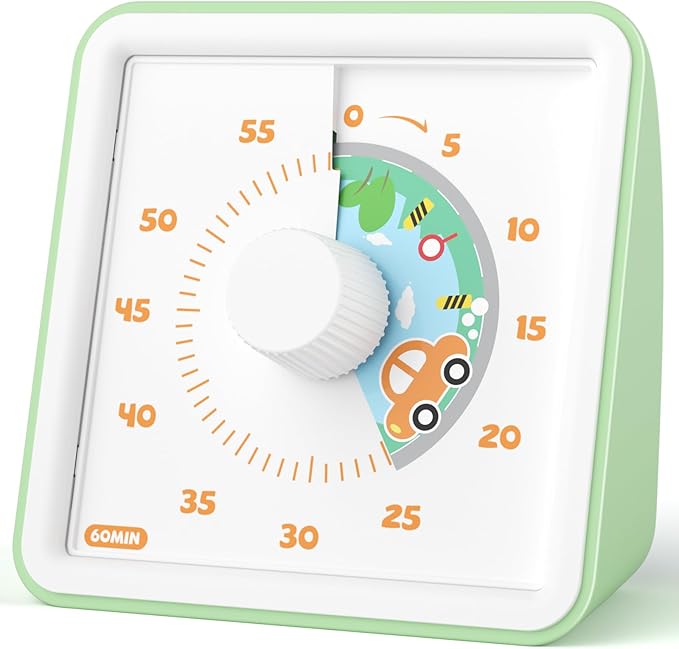 LIORQUE 60 Minute Visual Timer for Kids, Visual Countdown Timer for Classroom Office Kitchen with 'Car' Pattern Design, Pomodoro Timer with Silent Operation (Batteries Included)