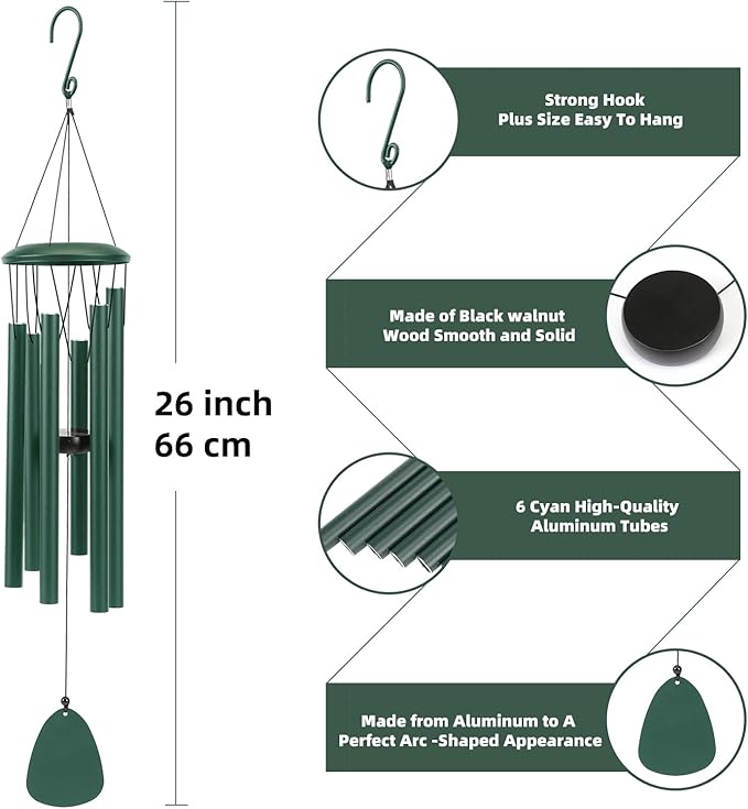 Aluminium Wind Chimes 26 Inches to Create a Zen Atmosphere Suitable for Outdoor, Garden, Patio Decoration. Classic Green Wind Chimes with Wind Catcher Suitable as A Gift for Unisex