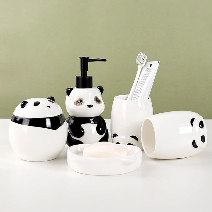 Bathroom Accessory Set 5PCS, Ceramic Bathroom Accessories Set, Cute Panda Bathroom Accessories Sets Complete, Home Apartment Modern Bathroom Decor Vanity Countertop, ANTIS'S HOME