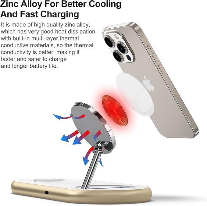 Magnetic Charging Station, 3 in 1 Faster Mag-Safe Wireless Charger Stand, Wireless Charging Pad for Apple Devices, iPhone 17/16/15/14/13/12 Series, iWatch Series, AirPods (Golden)