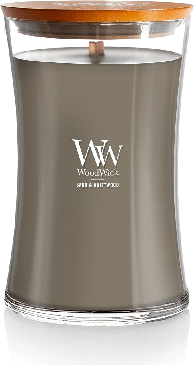 WoodWick Large Hourglass Candle Sand/Driftwood - Premium Soy Blend Wax Pluswick Innovation Wood Wick Made in USA