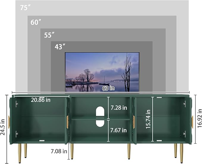 HLR 63'' Modern TV Stand for 65/70/75 inch TV, Entertainment Center with Storage Cabinet, Mid Century Green TV Stand,Embossed Pattern TV Console, TV Media Console for Living Room, Bedroom