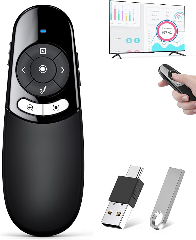 Presentation Clicker for TV LED LCD Screen Digital Presentation Clicker w Magnifier Highlight,2 in 1 Type C Presenter Remote Pointer Wireless with Volume Control for Classroom Teacher Projector Mac