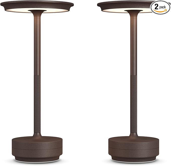 2 Pack Rechargeable Cordless Table Lamps, 5000mAh Portable LED Table Light, 3 Color Stepless Dimming Battery Powered Metal Table Lamp for Outdoor/Home/Restaurant.(Rust)
