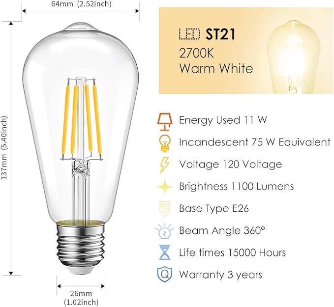 LVWIT 6 Pack Vintage LED Edison Bulbs 75W Equivalent 11W 1100LM Dimmable ST64 Filament 2700K Warm White E26 Medium Base Light Bulbs High Brightness Clear Glass