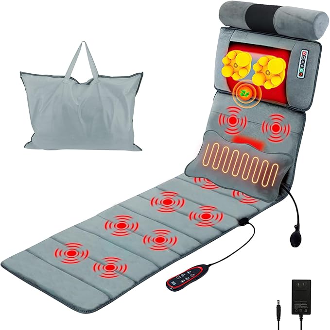 Full Body Electric Massage Mat with Heat, 10 Vibration Motors 3 Timers, Vibration Massage Pad for Bed, Back Mattress Chair Pad with Neck Massager Lumbar Pillow