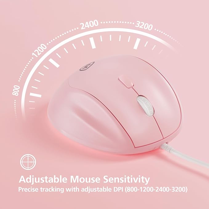 Micropack Ergonomic Mouse Wired for Laptop, PC Computer and Desktop, Ergo Mouse Vertical with Silent Clicks, Up to 3200 DPI Adjustable Mouse Sensitivity, Pink