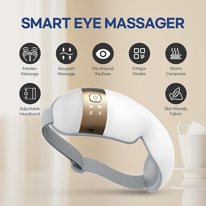 HubiCare Eye Massager with Heat, Vibration, and Music Helps Relieve Strain, Dark Circles, Dryness, and for Migraine Relief Relaxation and Better Sleep Gifts for Women/Men (White)