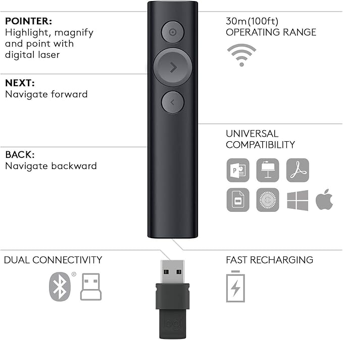 Logitech Spotlight Presentation Remote - Universal Wireless Presentation Clicker with Laser Pointer, Advanced Digital Highlighting, Bluetooth, 30 m Range and Quick Charging - Silver