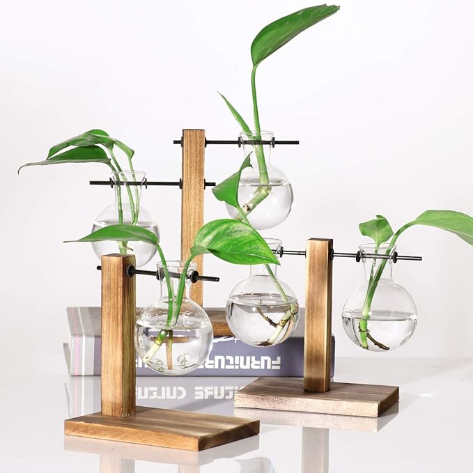 Kingbuy Glass Planter Bulb Vase Desktop Plant Terrarium with Retro Solid Wooden Stand for Propagation Hydroponics Water Plants Home Garden Office Decor