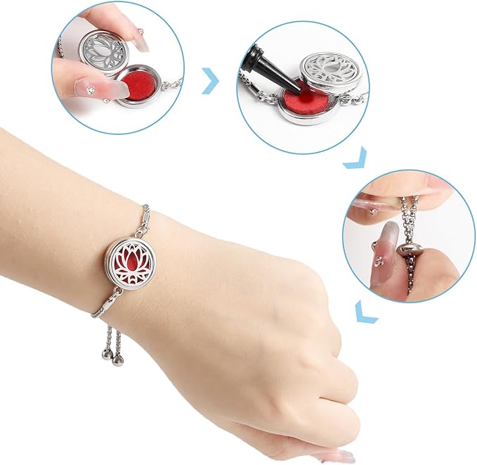 Essential Oil Diffuser Bracelet Aromatherapy Locket Adjustable Bracelet Stainless Steel Lotus Bracelet with 10 Pcs Refill Pads for Women Girls