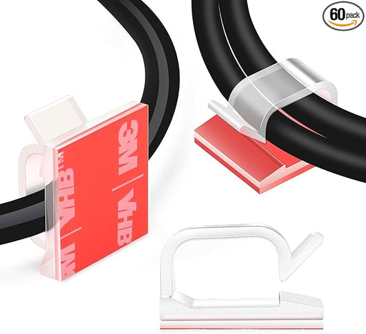 60 PCS XHF 5/8” Adhesive Cable Wire Clips Clear, Cable Staples Outdoor Cable Management Wire Organizer Cord Holder for Under Desk, Car, Wall, TV PC Ethernet Cable