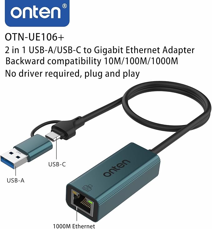 Onten USB-A and USB-C to Ethernet Adapter,Driver Free RJ45 to USB C or USB A, Gigabit Ethernet LAN Network Adapter for Windows,Mac OS, iOS and More