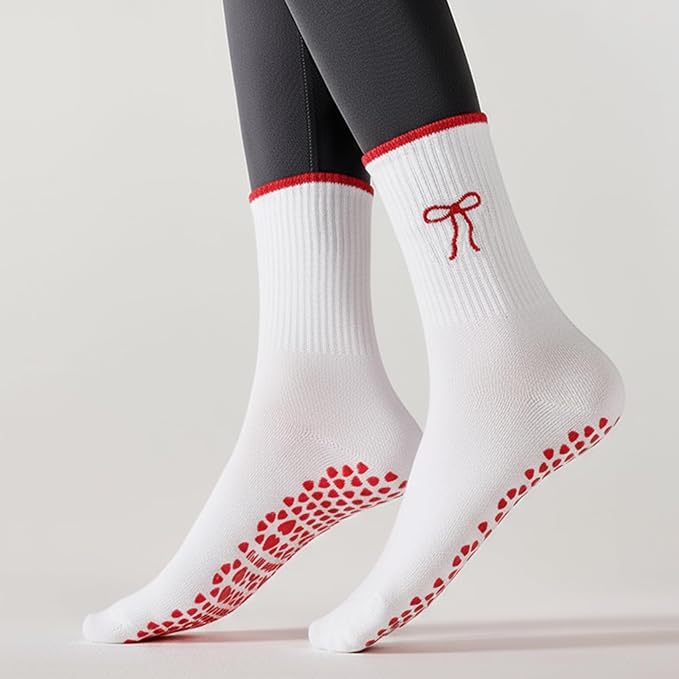 3 Pairs Cute Pilates Socks with Grips for Women Non Slip Yoga Socks Grippy Crew Socks Embroidery Pattern for Workout Ballet