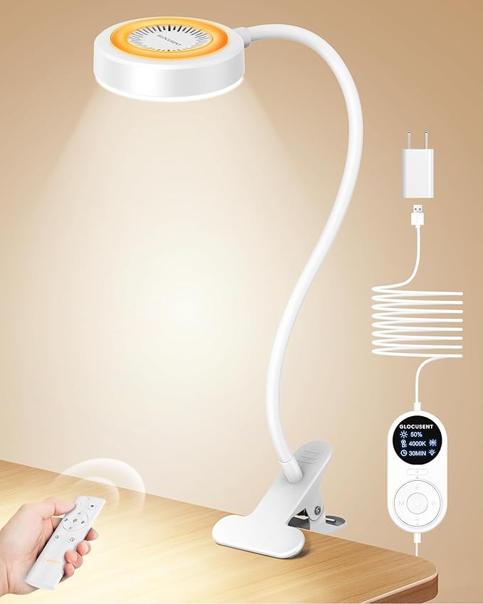 Glocusent 72 LED Clip on Lamp with Remote, Reading Light with Amer Ring Night Light, 3 Colors & 5 Dimmable Desk Lamp with Clamp, Auto-Off Timer for Night Reading, Bed Light for Headboard/Dorm/Bunk