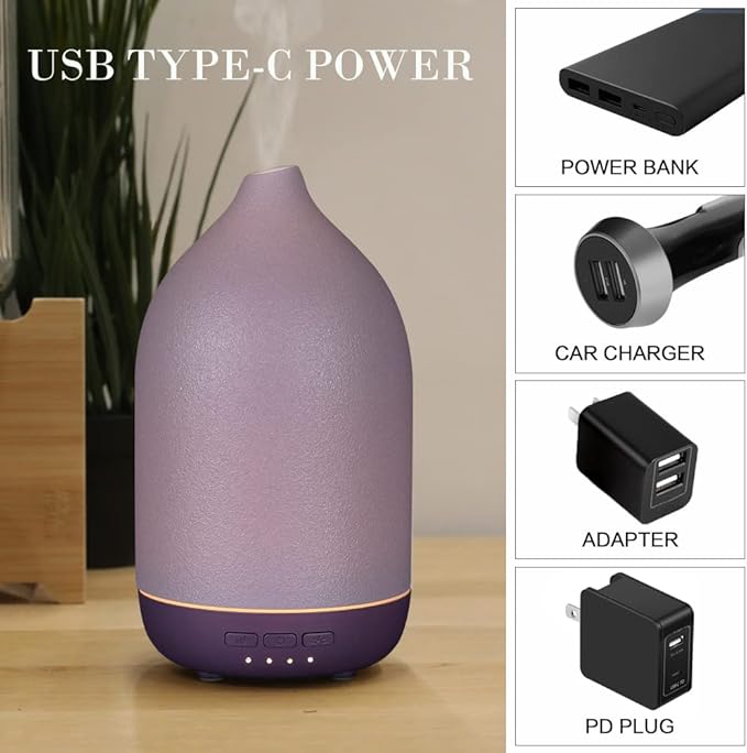 Essential Oil Diffusers, Aromatherapy Diffuser for Essential Oils, 100ml Ceramic Oil Diffusers for Large Room - 5 Timers, Warm Ambient Light, Auto-Off