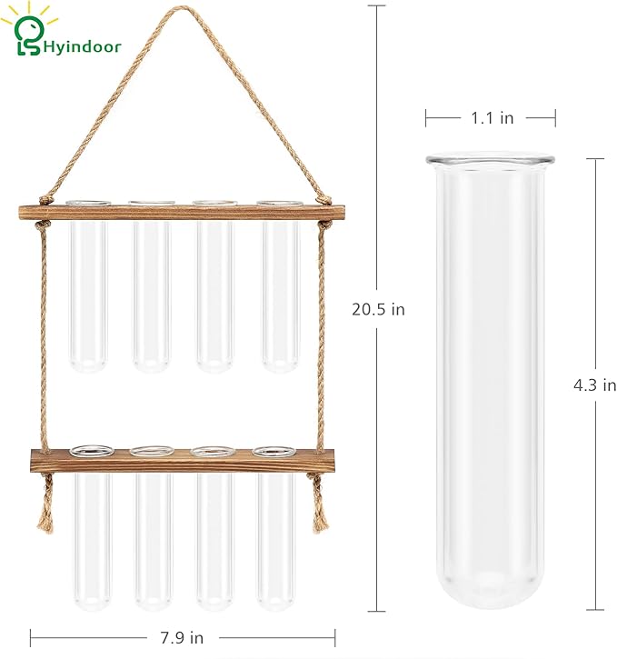 Hyindoor Wall Hanging Planter Terrarium 2 Tired Test Tube Vase Glass Planter Plant Propagation Station Plant Hangers of Rope with Wooden Stand and 8 Tubes for Hydroponic Plant Cutting