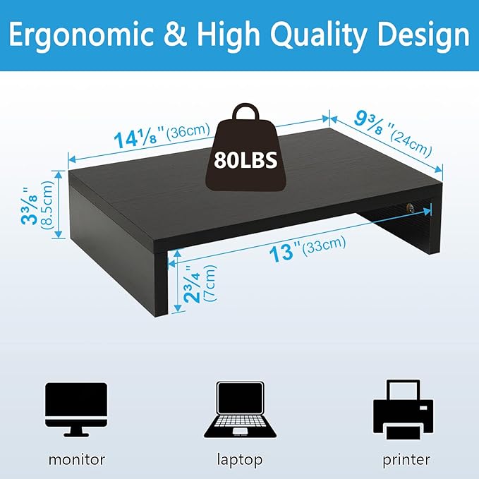 TEAMIX 14.2 inch Monitor Stand Riser, Wood Monitor Riser with Storage for Desk Small Monitor Stand TV/Screen/PC/Laptop Riser Computer Stand Desktop Shelf (Black-14.2 inch)